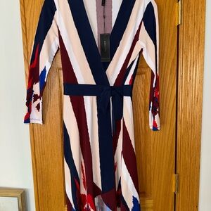 BCBG Paris Navy and Burgundy Long Sleeve Dress